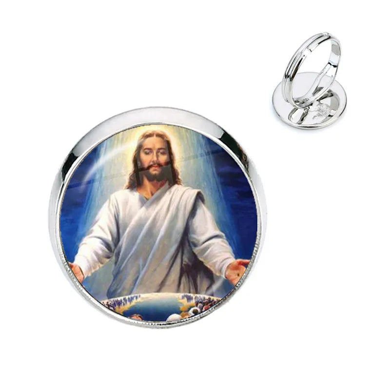 Anillo de la Virgen María, madre del bebé, Jesús, cúpula de cristal, Gema del tiempo, anillos ajustables para hombres y mujeres, joyería católica, regalo Cristiano