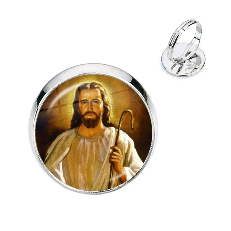 Anillo de la Virgen María, madre del bebé, Jesús, cúpula de cristal, Gema del tiempo, anillos ajustables para hombres y mujeres, joyería católica, regalo Cristiano