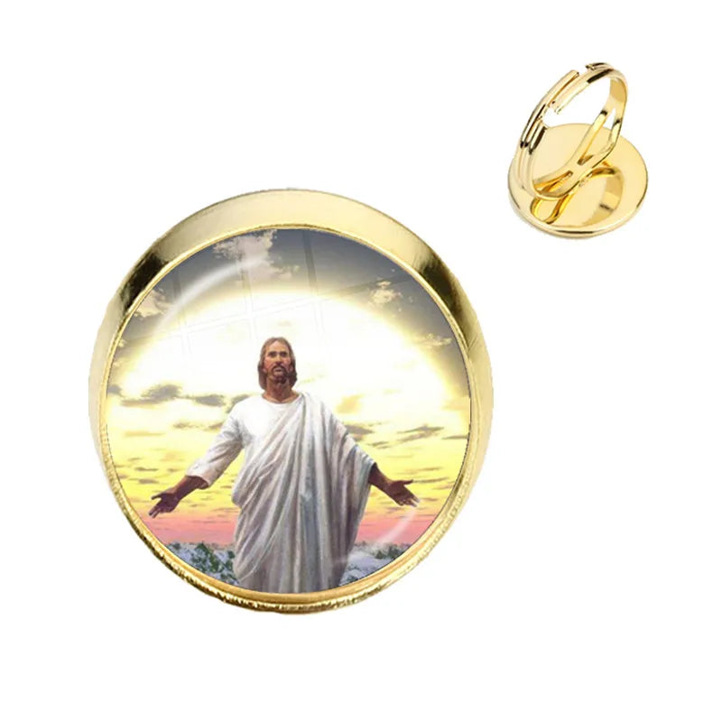 Anillo de la Virgen María, madre del bebé, Jesús, cúpula de cristal, Gema del tiempo, anillos ajustables para hombres y mujeres, joyería católica, regalo Cristiano