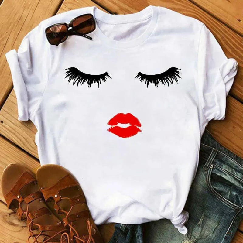 Maycaur moda gráfica mujeres Tops estampado de pestañas Kawaii pestañas mujeres camiseta divertida maquillaje estético camisa Camisas Mujer