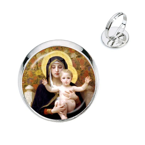 Anillo de la Virgen María, madre del bebé, Jesús, cúpula de cristal, Gema del tiempo, anillos ajustables para hombres y mujeres, joyería católica, regalo Cristiano