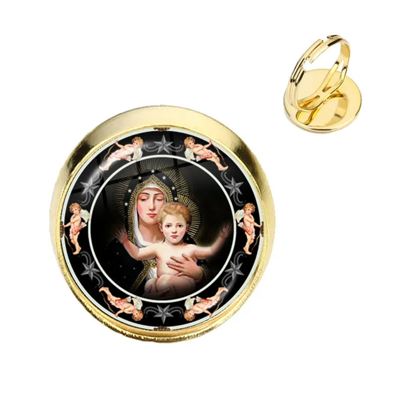 Anillo de la Virgen María, madre del bebé, Jesús, cúpula de cristal, Gema del tiempo, anillos ajustables para hombres y mujeres, joyería católica, regalo Cristiano