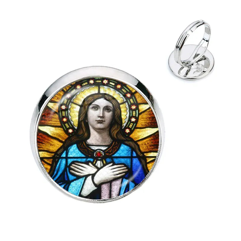 Anillo de la Virgen María, madre del bebé, Jesús, cúpula de cristal, Gema del tiempo, anillos ajustables para hombres y mujeres, joyería católica, regalo Cristiano