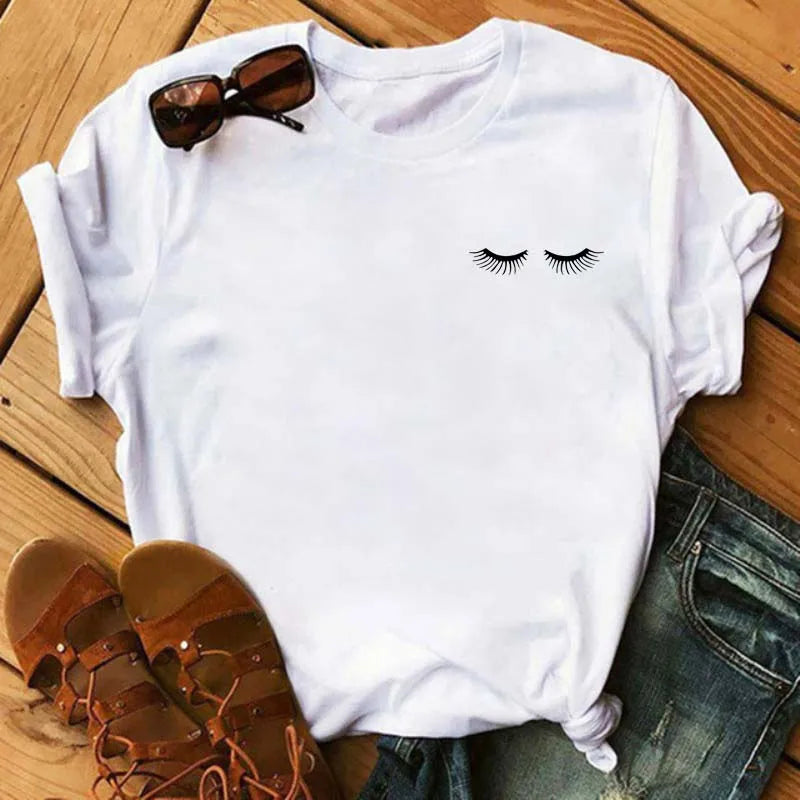Maycaur moda gráfica mujeres Tops estampado de pestañas Kawaii pestañas mujeres camiseta divertida maquillaje estético camisa Camisas Mujer
