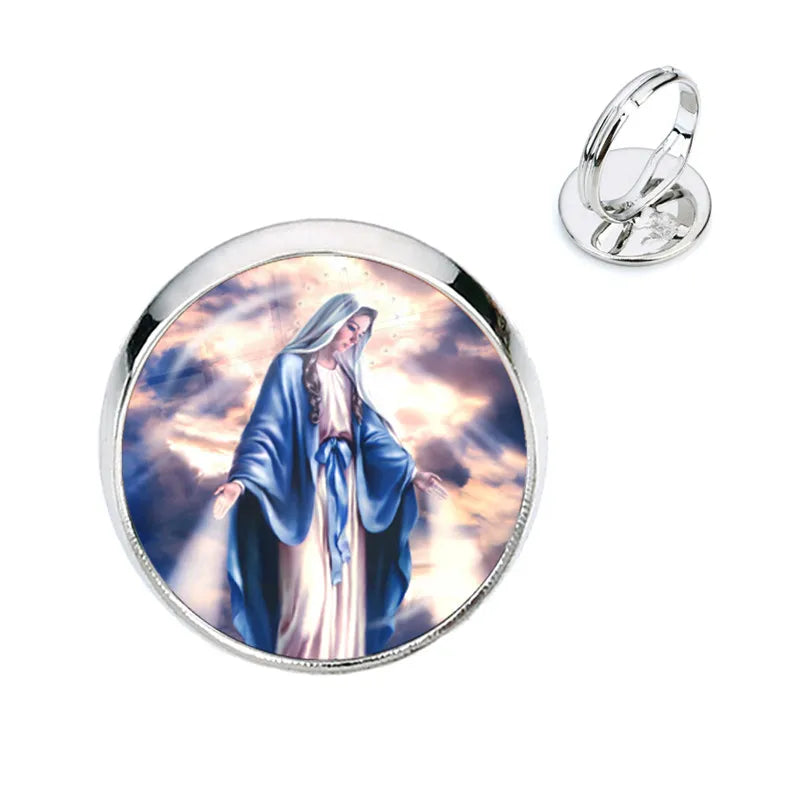 Anillo de la Virgen María, madre del bebé, Jesús, cúpula de cristal, Gema del tiempo, anillos ajustables para hombres y mujeres, joyería católica, regalo Cristiano