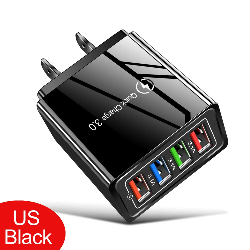 Cargador USB 3A, 4 puertos USB, carga rápida 3,0, enchufe UE EE. UU., cargador de teléfono móvil, adaptador de pared, carga rápida portátil para iPhone 16 Pro
