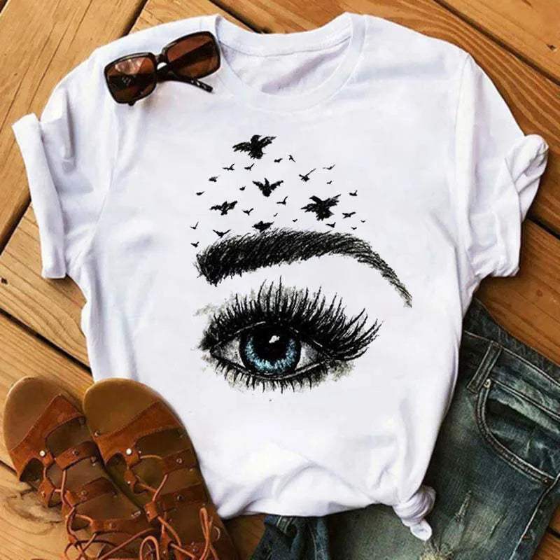 Maycaur moda gráfica mujeres Tops estampado de pestañas Kawaii pestañas mujeres camiseta divertida maquillaje estético camisa Camisas Mujer