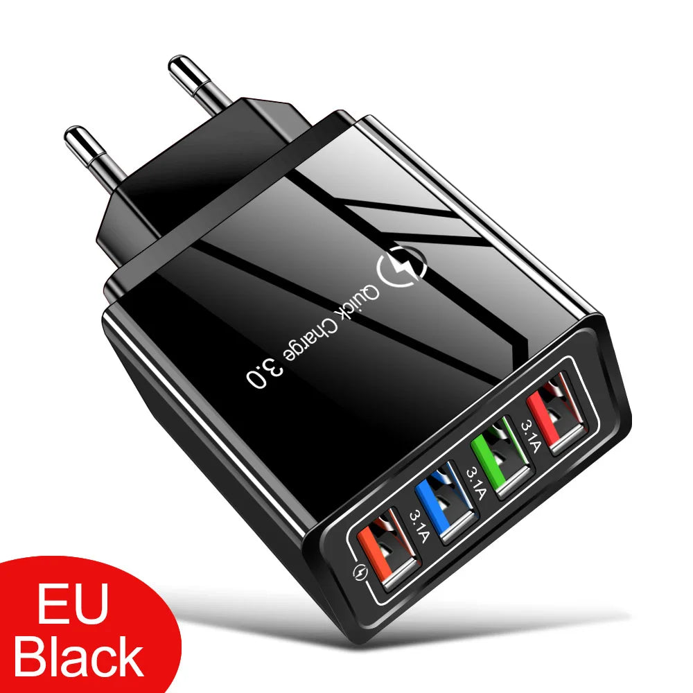 Cargador USB 3A, 4 puertos USB, carga rápida 3,0, enchufe UE EE. UU., cargador de teléfono móvil, adaptador de pared, carga rápida portátil para iPhone 16 Pro
