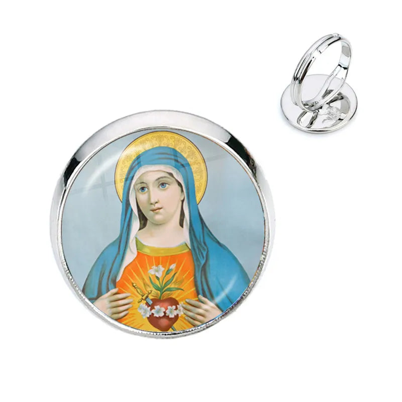 Anillo de la Virgen María, madre del bebé, Jesús, cúpula de cristal, Gema del tiempo, anillos ajustables para hombres y mujeres, joyería católica, regalo Cristiano