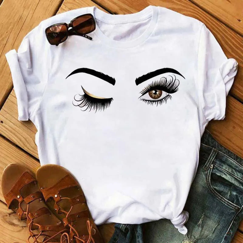 Maycaur moda gráfica mujeres Tops estampado de pestañas Kawaii pestañas mujeres camiseta divertida maquillaje estético camisa Camisas Mujer