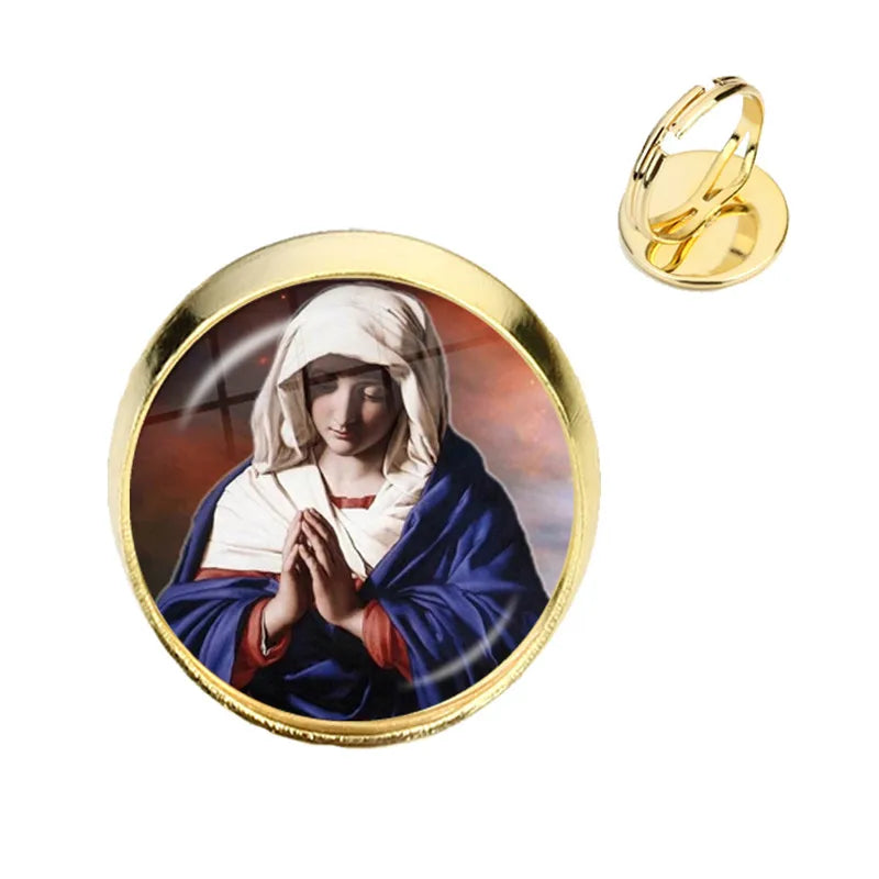 Anillo de la Virgen María, madre del bebé, Jesús, cúpula de cristal, Gema del tiempo, anillos ajustables para hombres y mujeres, joyería católica, regalo Cristiano