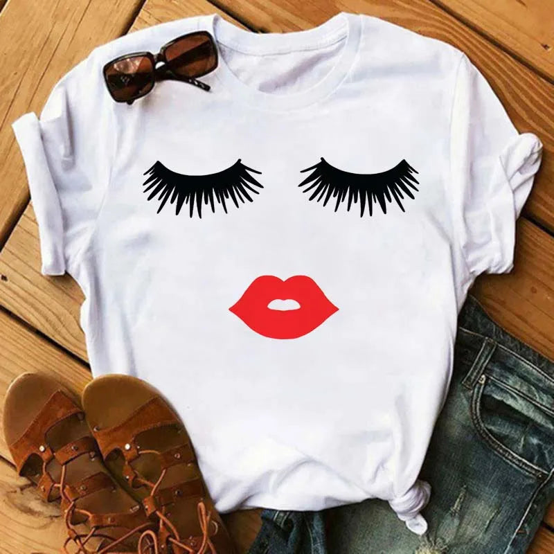 Maycaur moda gráfica mujeres Tops estampado de pestañas Kawaii pestañas mujeres camiseta divertida maquillaje estético camisa Camisas Mujer