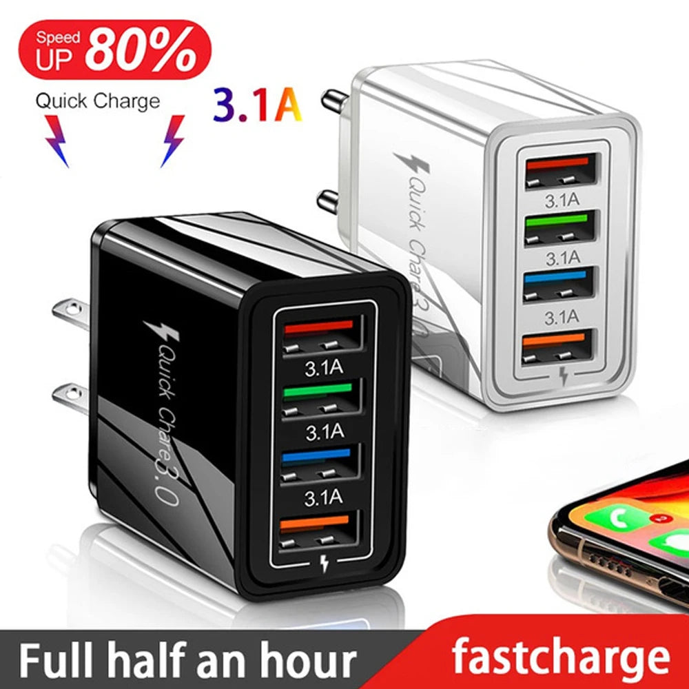 Cargador USB 3A, 4 puertos USB, carga rápida 3,0, enchufe UE EE. UU., cargador de teléfono móvil, adaptador de pared, carga rápida portátil para iPhone 16 Pro