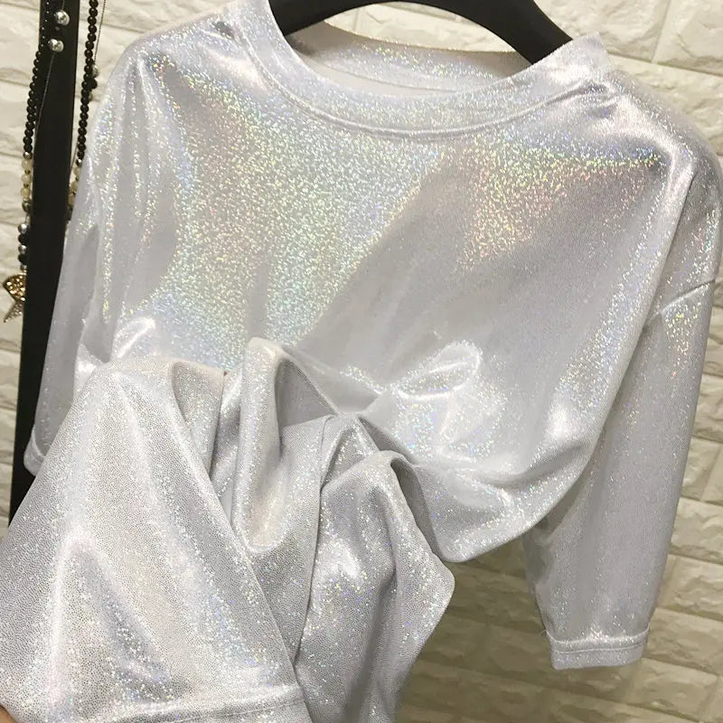 Tops de verano para mujer, camiseta holgada brillante de manga corta, camiseta sexy de estética para club harajuku, camiseta elegante de seda brillante para mujer