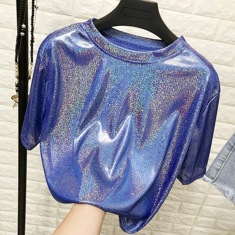 Tops de verano para mujer, camiseta holgada brillante de manga corta, camiseta sexy de estética para club harajuku, camiseta elegante de seda brillante para mujer