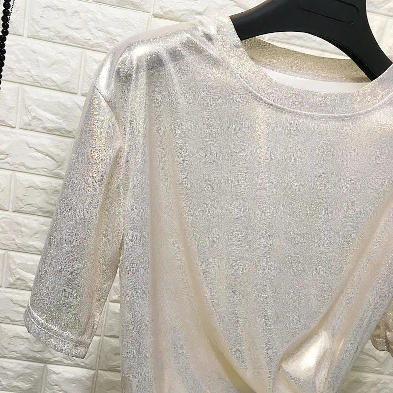 Tops de verano para mujer, camiseta holgada brillante de manga corta, camiseta sexy de estética para club harajuku, camiseta elegante de seda brillante para mujer