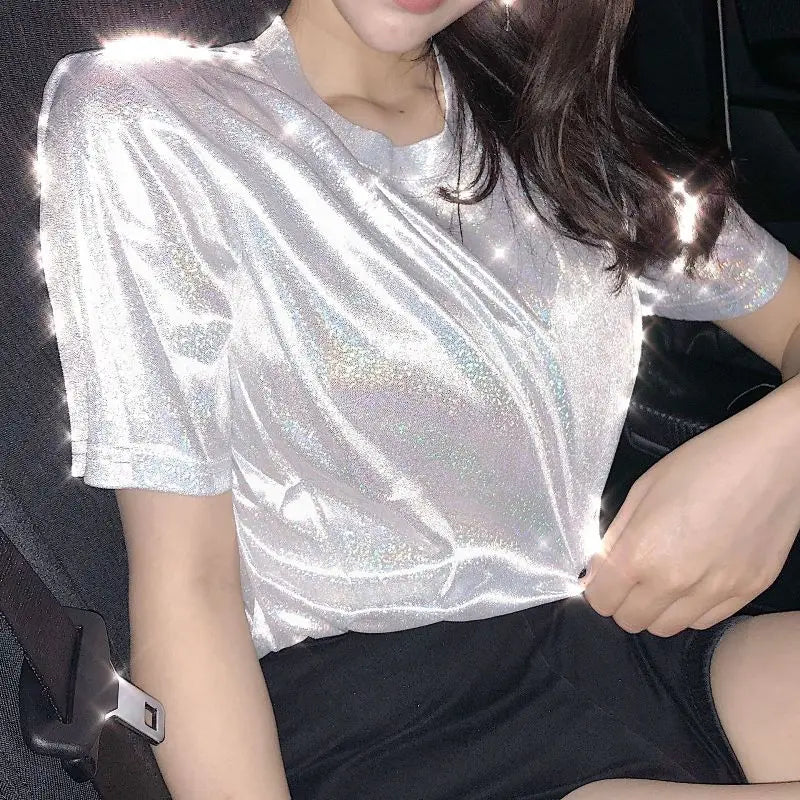 Tops de verano para mujer, camiseta holgada brillante de manga corta, camiseta sexy de estética para club harajuku, camiseta elegante de seda brillante para mujer