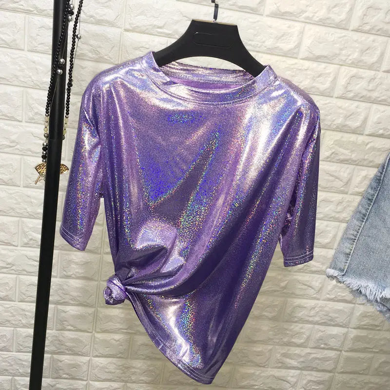 Tops de verano para mujer, camiseta holgada brillante de manga corta, camiseta sexy de estética para club harajuku, camiseta elegante de seda brillante para mujer
