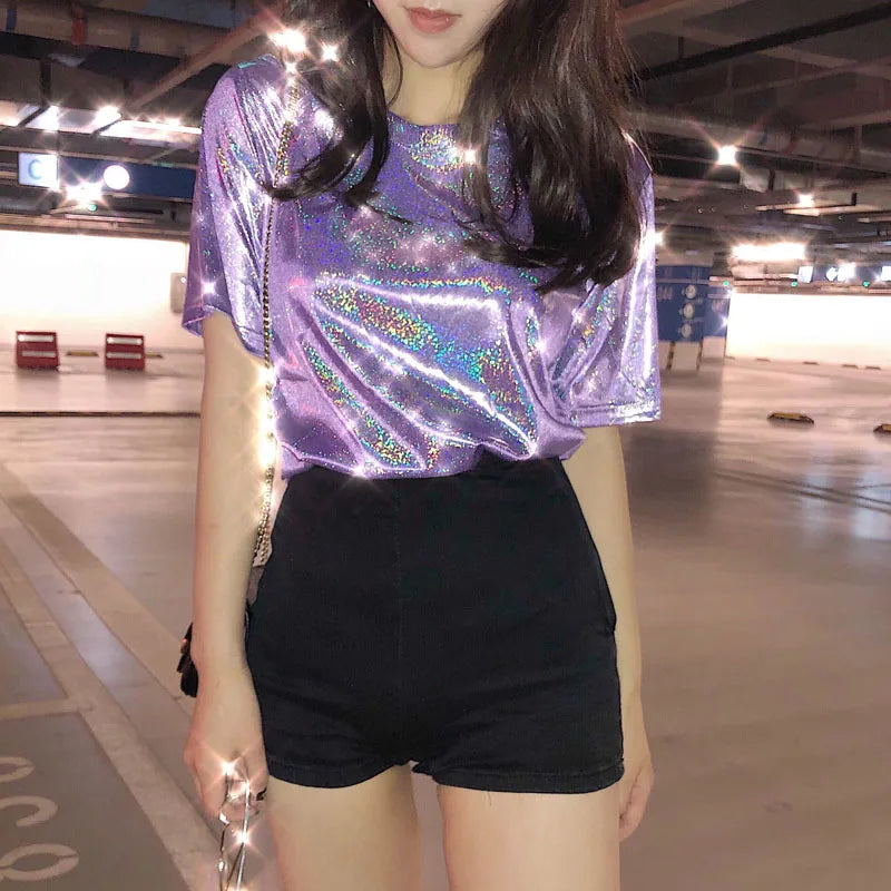 Tops de verano para mujer, camiseta holgada brillante de manga corta, camiseta sexy de estética para club harajuku, camiseta elegante de seda brillante para mujer