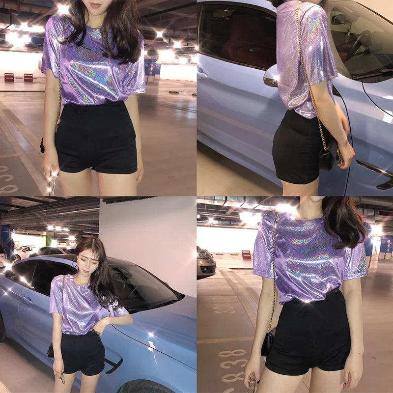 Tops de verano para mujer, camiseta holgada brillante de manga corta, camiseta sexy de estética para club harajuku, camiseta elegante de seda brillante para mujer