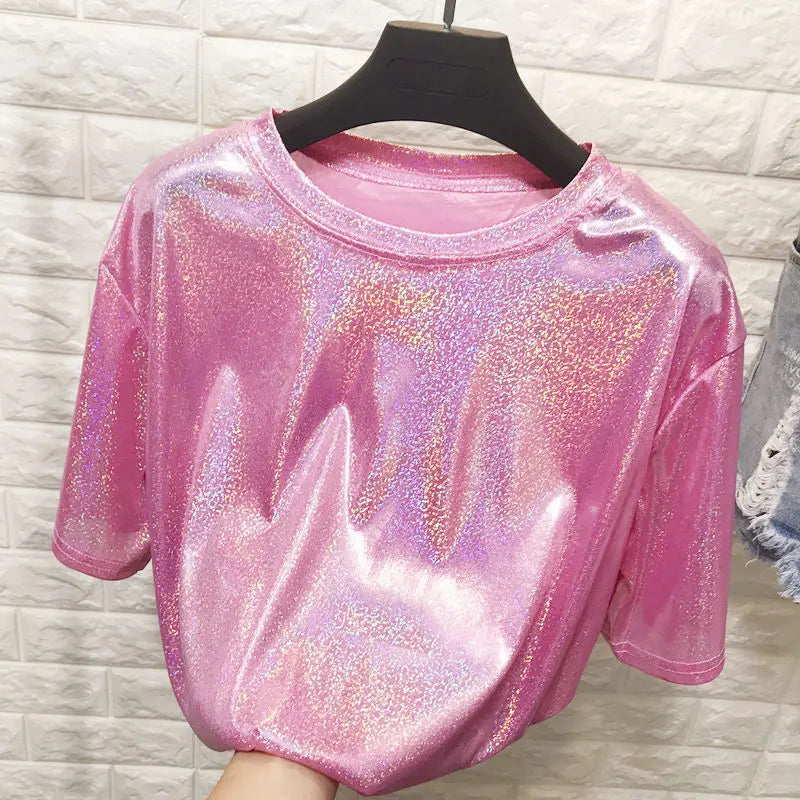 Tops de verano para mujer, camiseta holgada brillante de manga corta, camiseta sexy de estética para club harajuku, camiseta elegante de seda brillante para mujer
