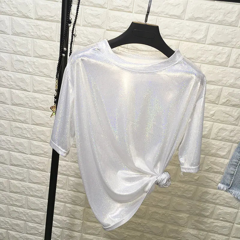 Tops de verano para mujer, camiseta holgada brillante de manga corta, camiseta sexy de estética para club harajuku, camiseta elegante de seda brillante para mujer