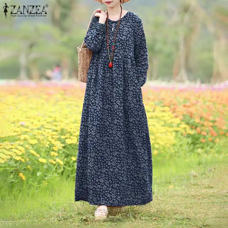 Vestido Floral Vintage mujer 2025 ZANZEA otoño Vestidos largos bohemios Casual manga larga Maxi Vestidos bata suelta Mujer de gran tamaño