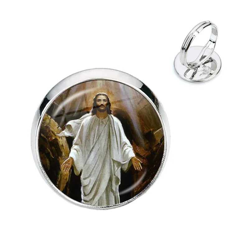 Anillo de la Virgen María, madre del bebé, Jesús, cúpula de cristal, Gema del tiempo, anillos ajustables para hombres y mujeres, joyería católica, regalo Cristiano