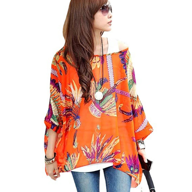Novedad 2015 de mini vestidos casuales de gasa con estampado de flores para señoras, vestidos estilo bohemio con manga de murciélago en tallas grandes 4XL 5XL 6XL