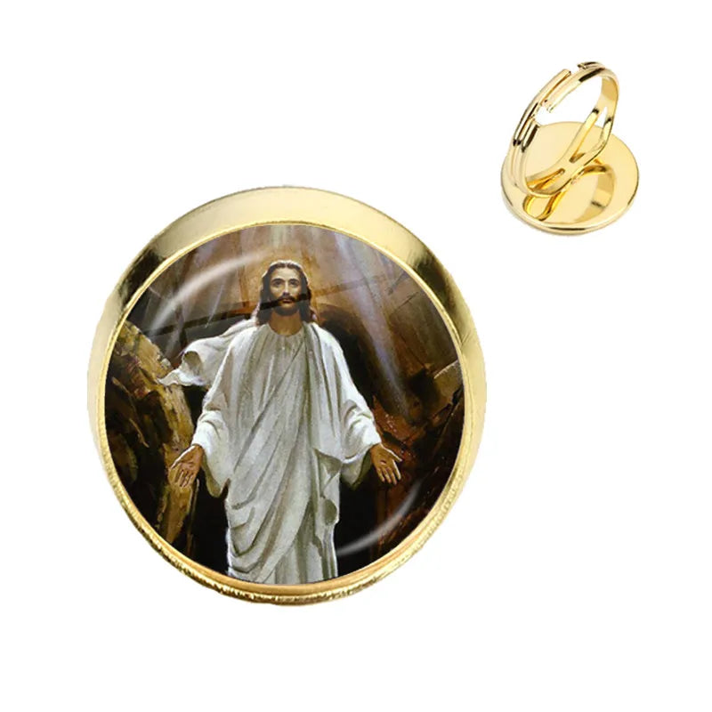 Anillo de la Virgen María, madre del bebé, Jesús, cúpula de cristal, Gema del tiempo, anillos ajustables para hombres y mujeres, joyería católica, regalo Cristiano