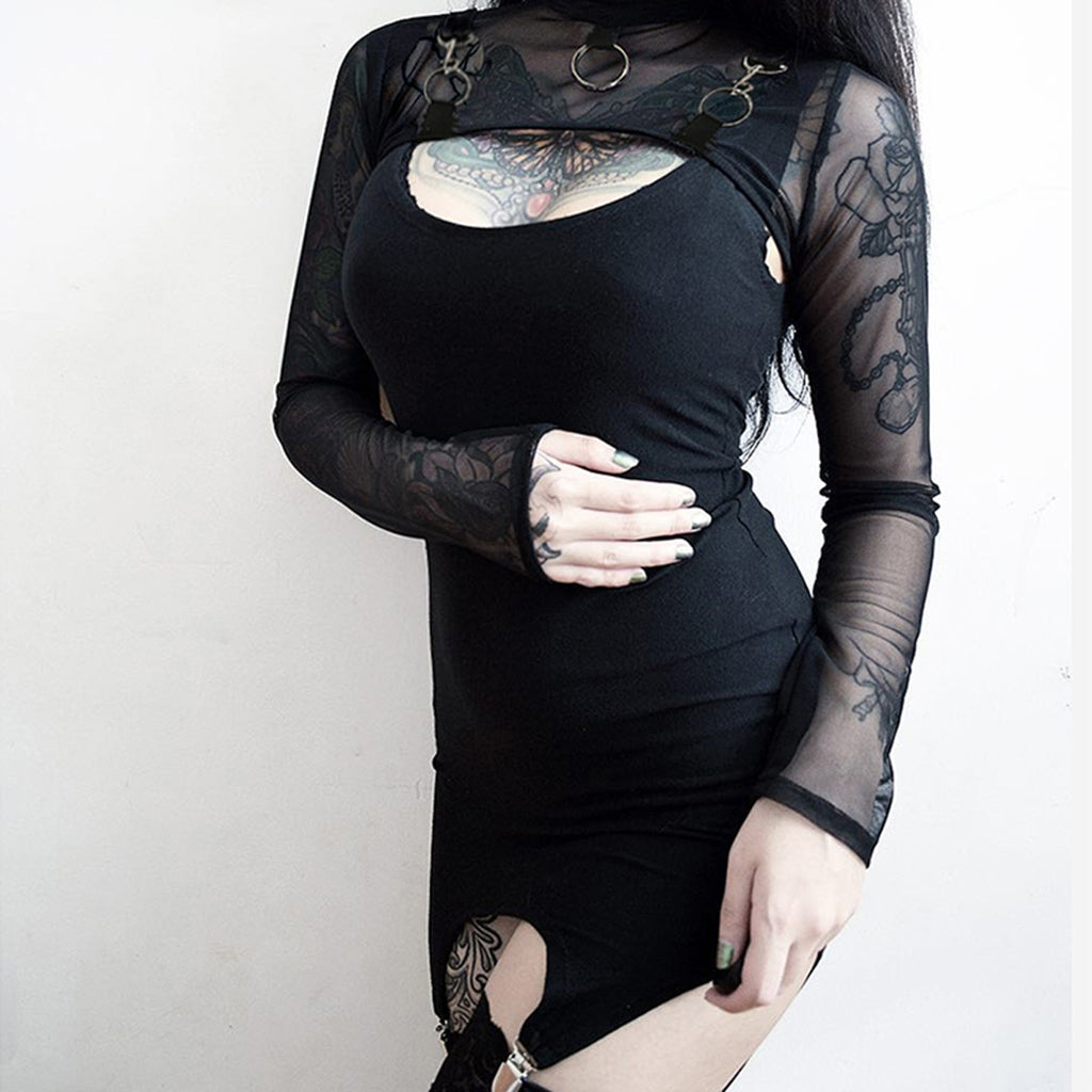 Camisetas transparentes de malla para mujer, Tops cortos de manga larga con cuello redondo, transparentes, Sexy, para fiesta y Club, color negro, Verano