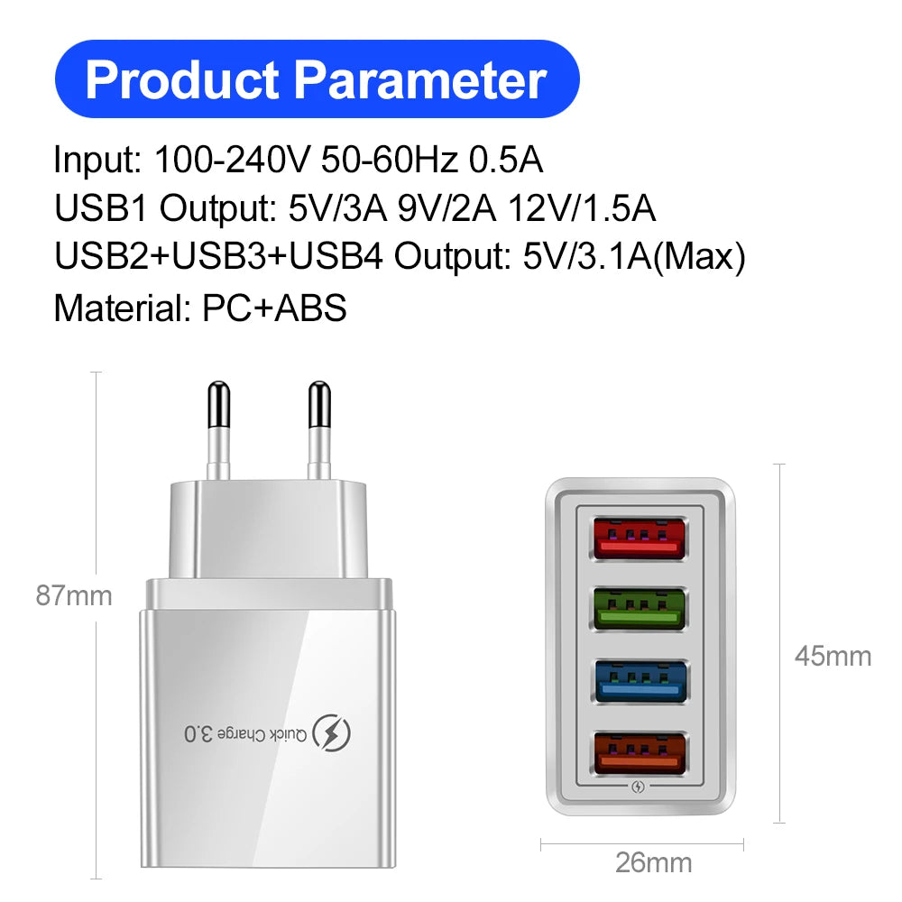 Cargador USB 3A, 4 puertos USB, carga rápida 3,0, enchufe UE EE. UU., cargador de teléfono móvil, adaptador de pared, carga rápida portátil para iPhone 16 Pro