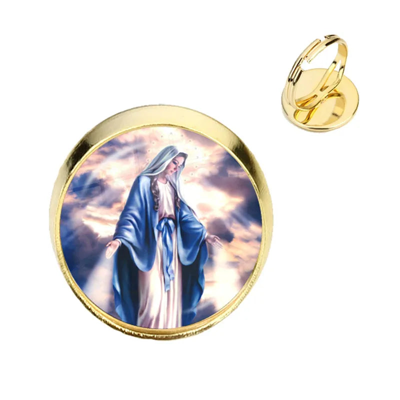 Anillo de la Virgen María, madre del bebé, Jesús, cúpula de cristal, Gema del tiempo, anillos ajustables para hombres y mujeres, joyería católica, regalo Cristiano