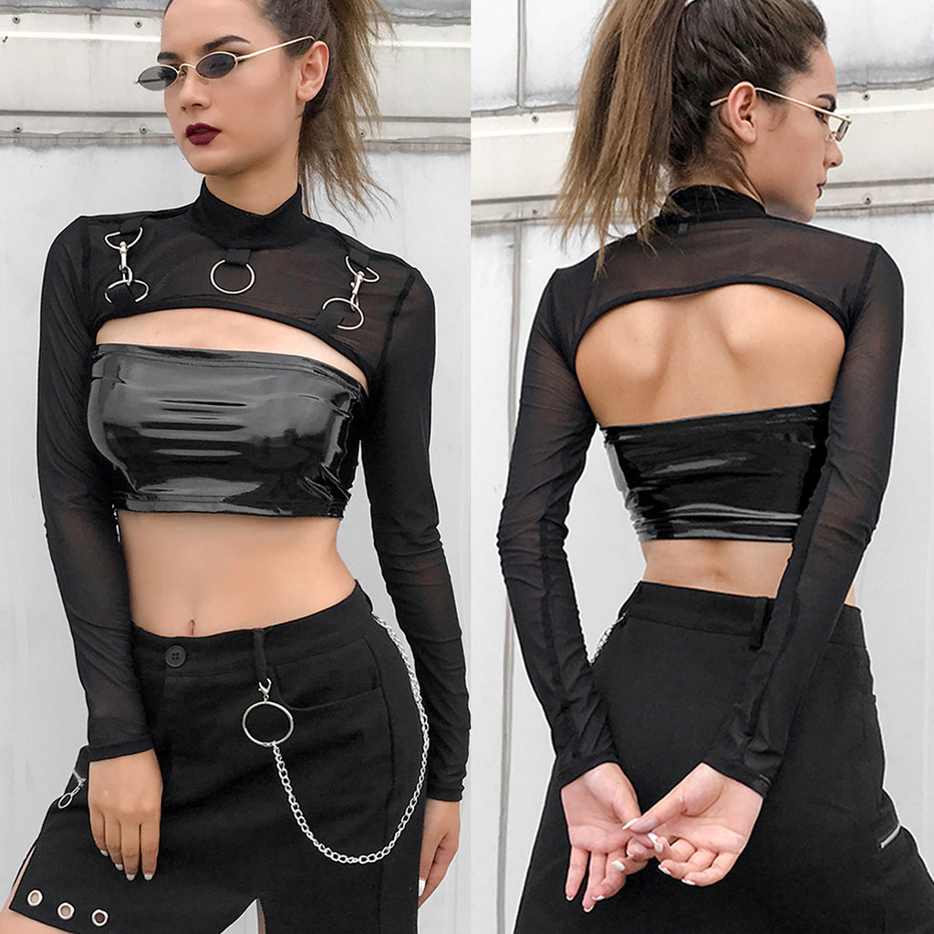 Camisetas transparentes de malla para mujer, Tops cortos de manga larga con cuello redondo, transparentes, Sexy, para fiesta y Club, color negro, Verano