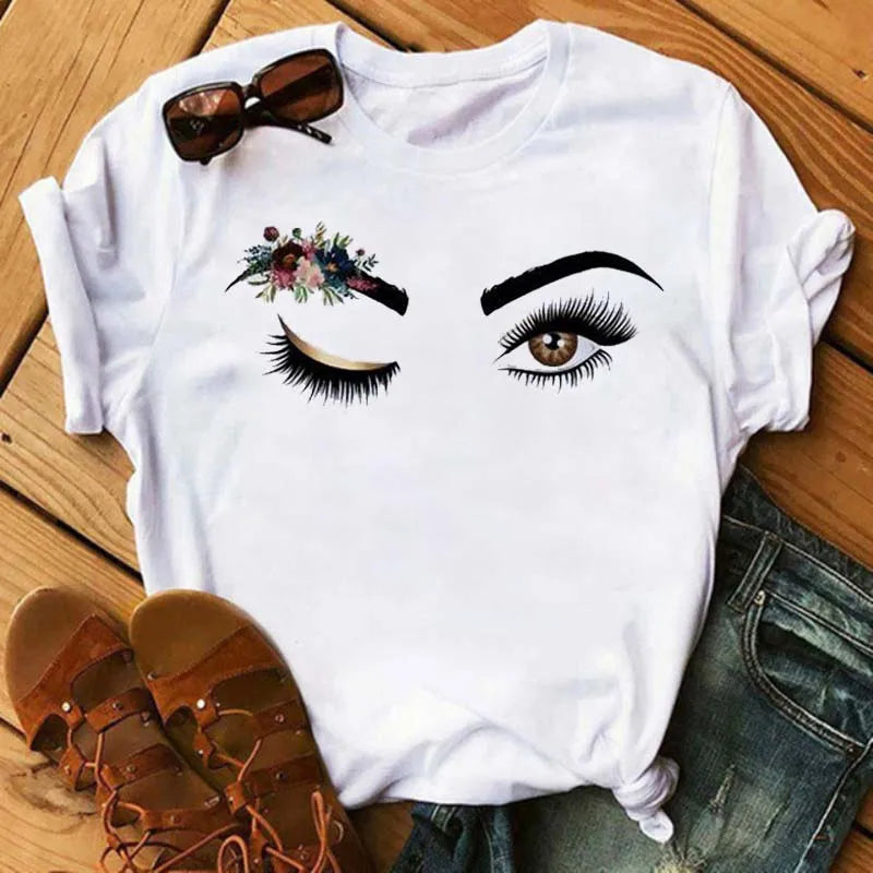 Maycaur moda gráfica mujeres Tops estampado de pestañas Kawaii pestañas mujeres camiseta divertida maquillaje estético camisa Camisas Mujer