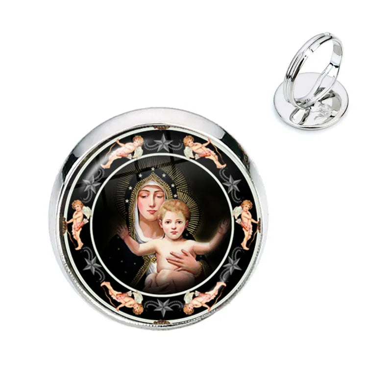 Anillo de la Virgen María, madre del bebé, Jesús, cúpula de cristal, Gema del tiempo, anillos ajustables para hombres y mujeres, joyería católica, regalo Cristiano