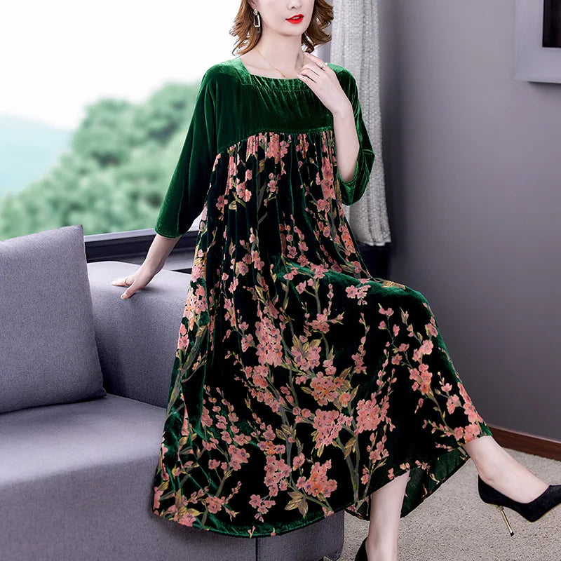 Vestido de terciopelo para mujer, novedad de 2021, Maxi bata holgada informal para mamá, Vestidos de fiesta de invierno con estampado de manga larga