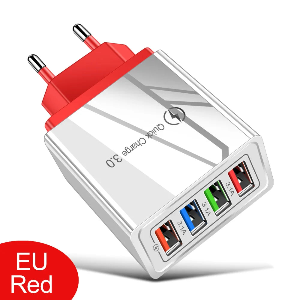 Cargador USB 3A, 4 puertos USB, carga rápida 3,0, enchufe UE EE. UU., cargador de teléfono móvil, adaptador de pared, carga rápida portátil para iPhone 16 Pro