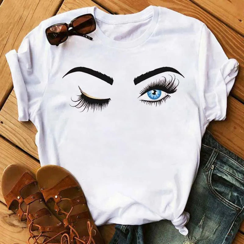 Maycaur moda gráfica mujeres Tops estampado de pestañas Kawaii pestañas mujeres camiseta divertida maquillaje estético camisa Camisas Mujer