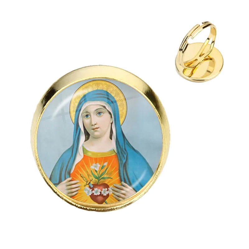 Anillo de la Virgen María, madre del bebé, Jesús, cúpula de cristal, Gema del tiempo, anillos ajustables para hombres y mujeres, joyería católica, regalo Cristiano