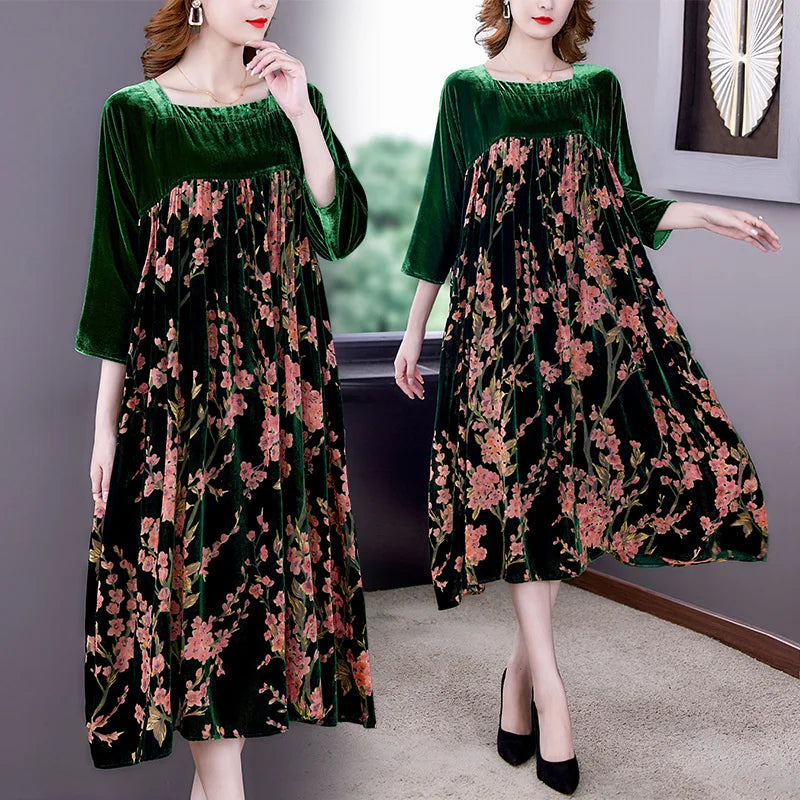 Vestido de terciopelo para mujer, novedad de 2021, Maxi bata holgada informal para mamá, Vestidos de fiesta de invierno con estampado de manga larga