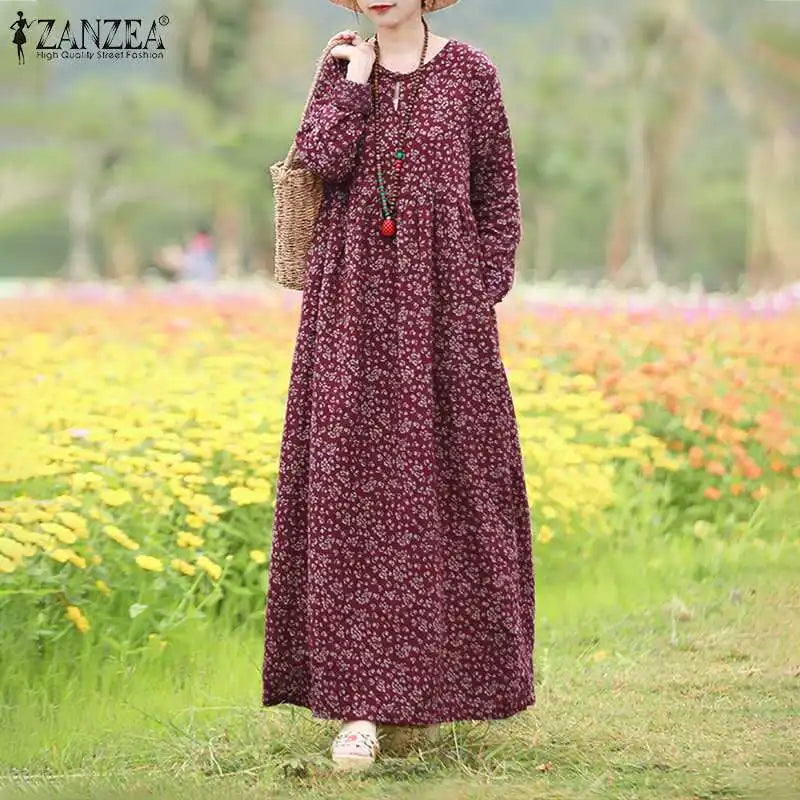 Vestido Floral Vintage mujer 2025 ZANZEA otoño Vestidos largos bohemios Casual manga larga Maxi Vestidos bata suelta Mujer de gran tamaño