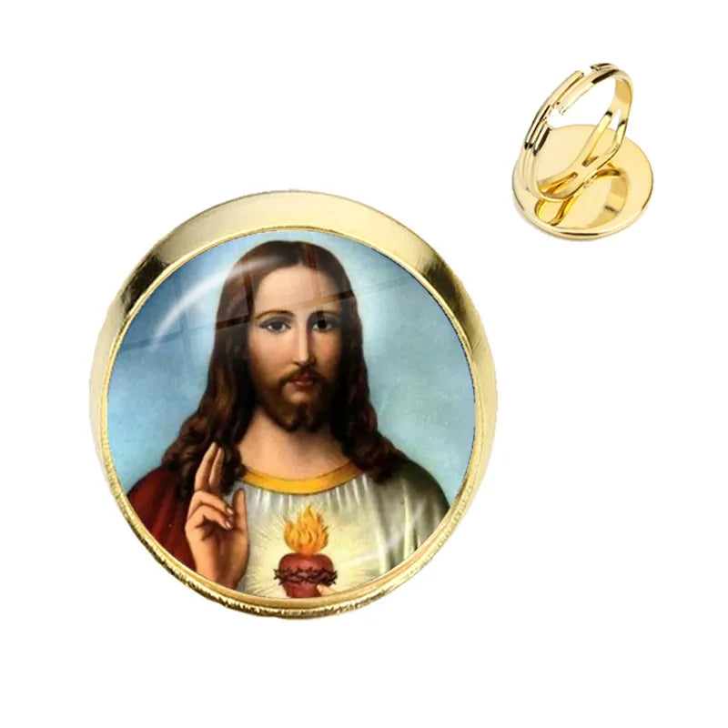 Anillo de la Virgen María, madre del bebé, Jesús, cúpula de cristal, Gema del tiempo, anillos ajustables para hombres y mujeres, joyería católica, regalo Cristiano
