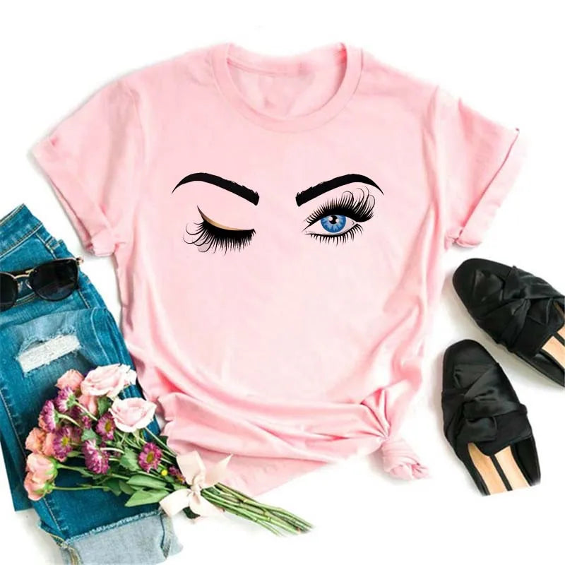 Maycaur moda gráfica mujeres Tops estampado de pestañas Kawaii pestañas mujeres camiseta divertida maquillaje estético camisa Camisas Mujer