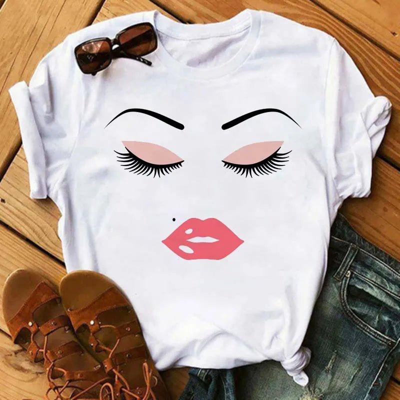 Maycaur moda gráfica mujeres Tops estampado de pestañas Kawaii pestañas mujeres camiseta divertida maquillaje estético camisa Camisas Mujer