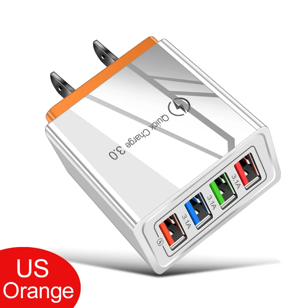 Cargador USB 3A, 4 puertos USB, carga rápida 3,0, enchufe UE EE. UU., cargador de teléfono móvil, adaptador de pared, carga rápida portátil para iPhone 16 Pro