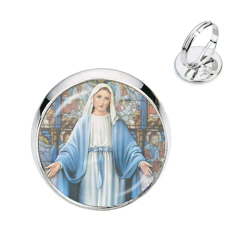 Anillo de la Virgen María, madre del bebé, Jesús, cúpula de cristal, Gema del tiempo, anillos ajustables para hombres y mujeres, joyería católica, regalo Cristiano