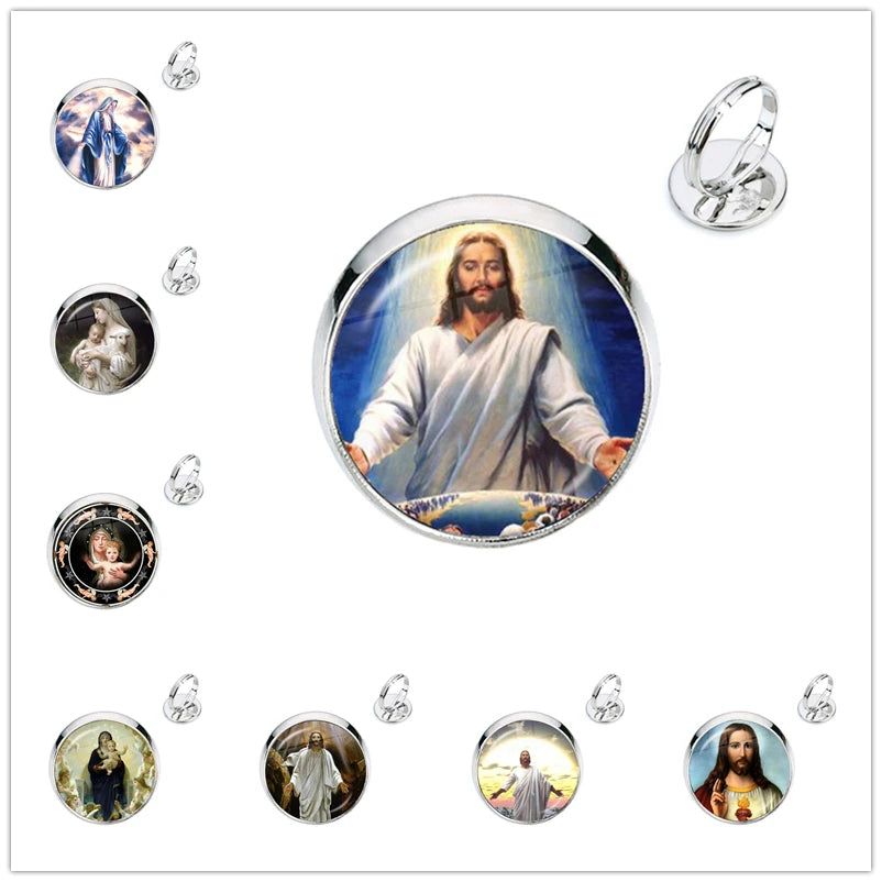 Anillo de la Virgen María, madre del bebé, Jesús, cúpula de cristal, Gema del tiempo, anillos ajustables para hombres y mujeres, joyería católica, regalo Cristiano