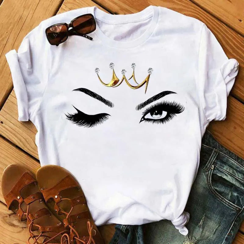 Maycaur moda gráfica mujeres Tops estampado de pestañas Kawaii pestañas mujeres camiseta divertida maquillaje estético camisa Camisas Mujer