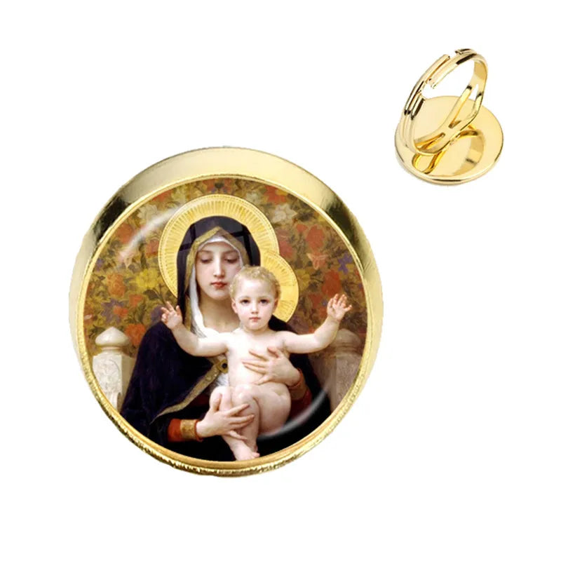 Anillo de la Virgen María, madre del bebé, Jesús, cúpula de cristal, Gema del tiempo, anillos ajustables para hombres y mujeres, joyería católica, regalo Cristiano